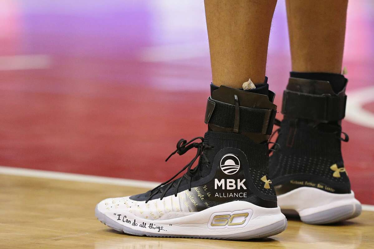A detailed view of the Under Armor shoes of Stephen Curry #30 of the Golden State Warriors against the Washington Wizards during the first half at Capital One Arena on February 28, 2018 in Washington, DC. 