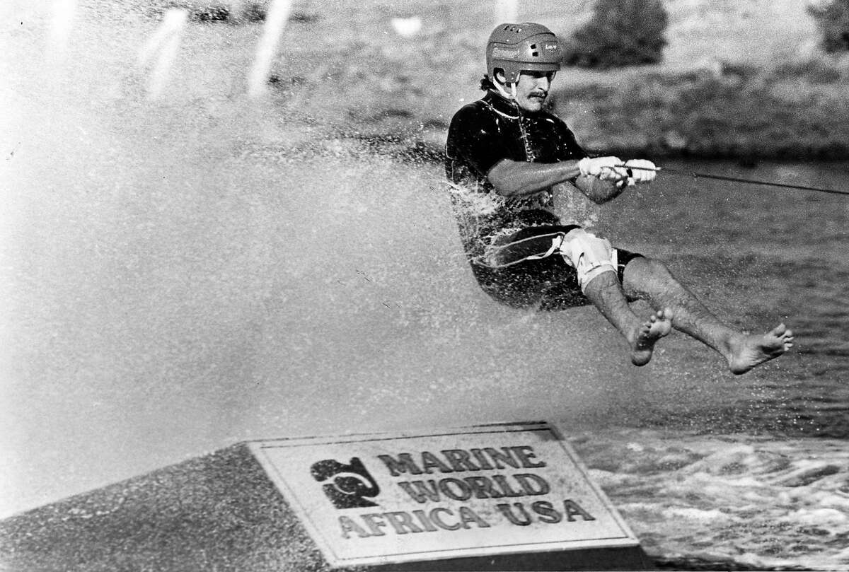 A barefoot water skier takes a jump at Marine World. circa Sept. 11, 1983.