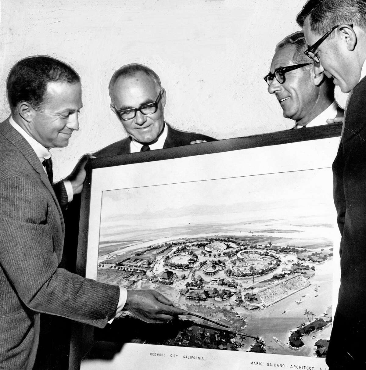 Architects look at plans for the Redwood City version of Marine World Africa U.S.A. Aug. 2, 1966.