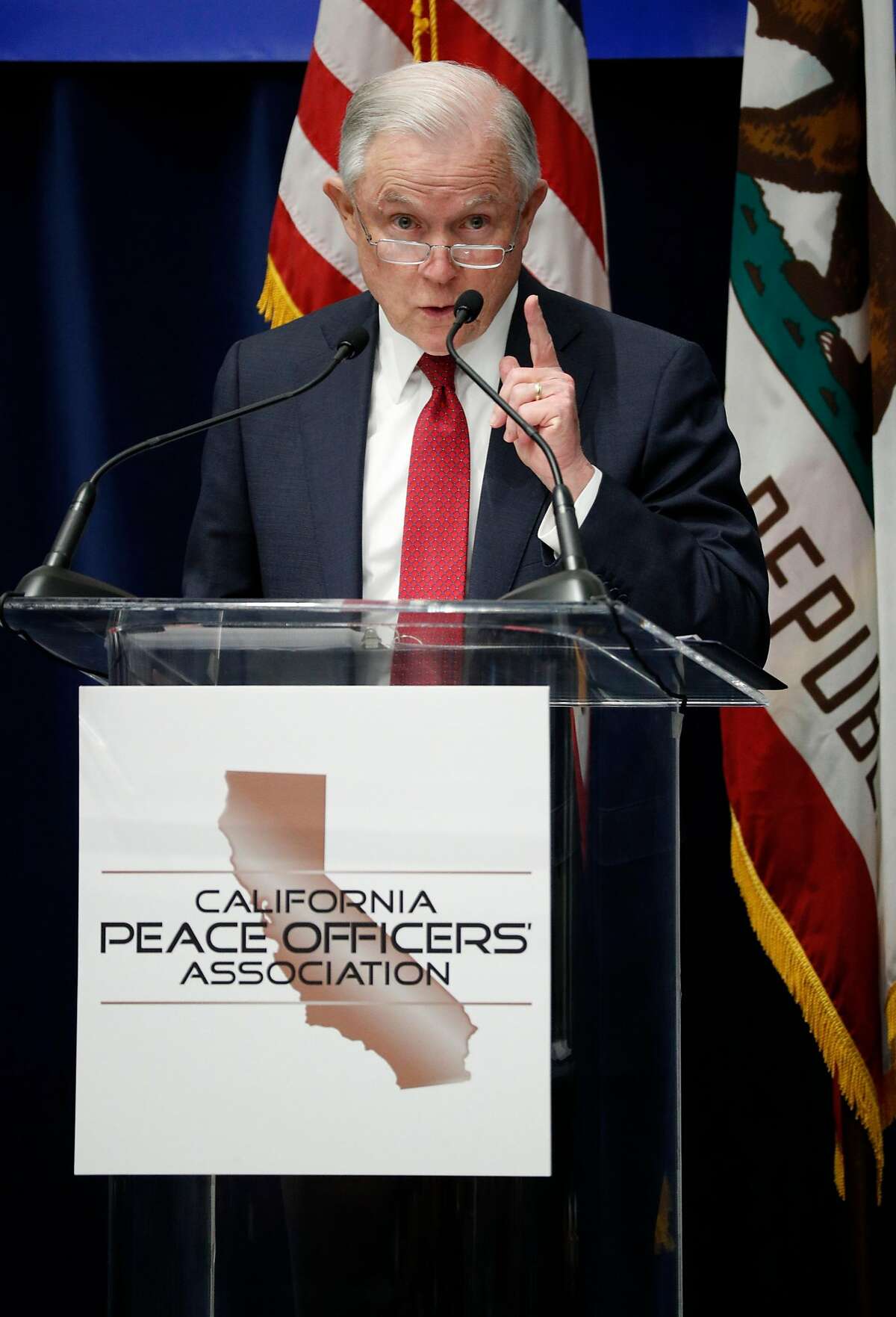 U.S. Attorney General Jeff Sessions delivers remarks to the California Peace Officer's Association at the Kimpton Sawyer Hotel in Sacramento, Calif., on Wed. Mar. 7, 2018.
