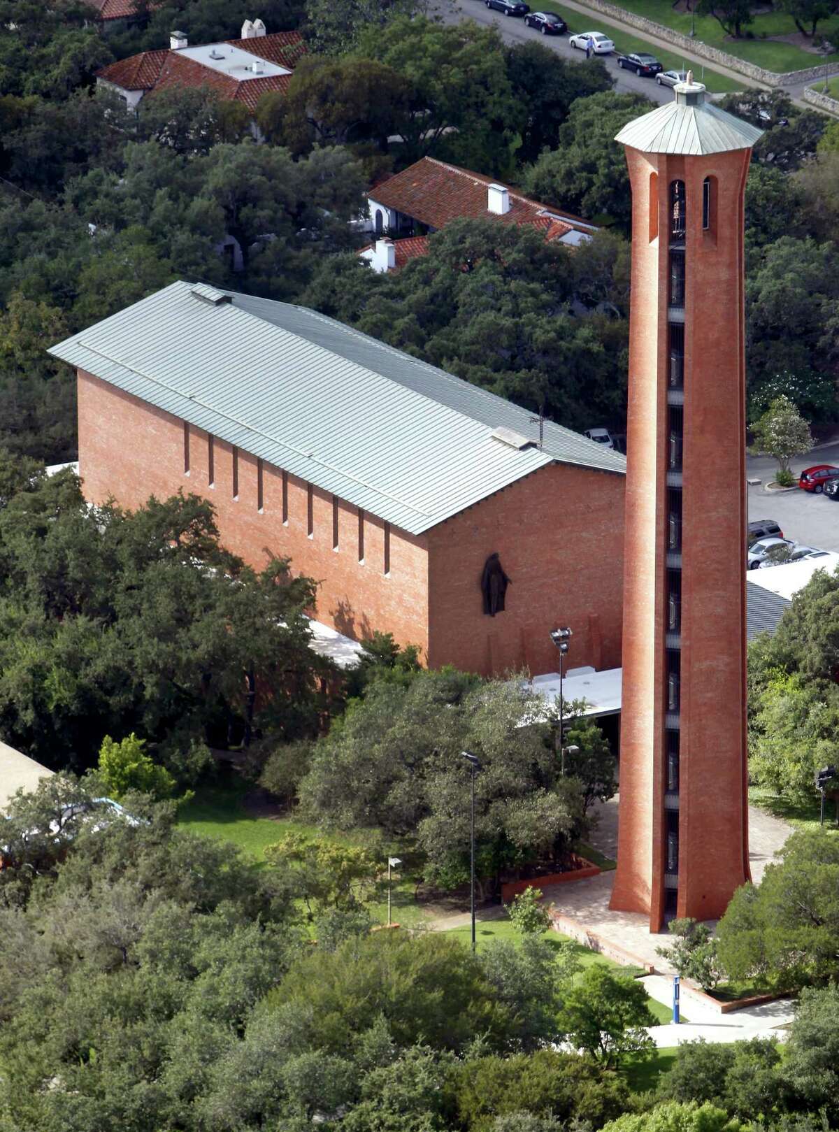 Trinity University’s Parker Chapel is seen in an aerial view with Murchison Tower in the foreground