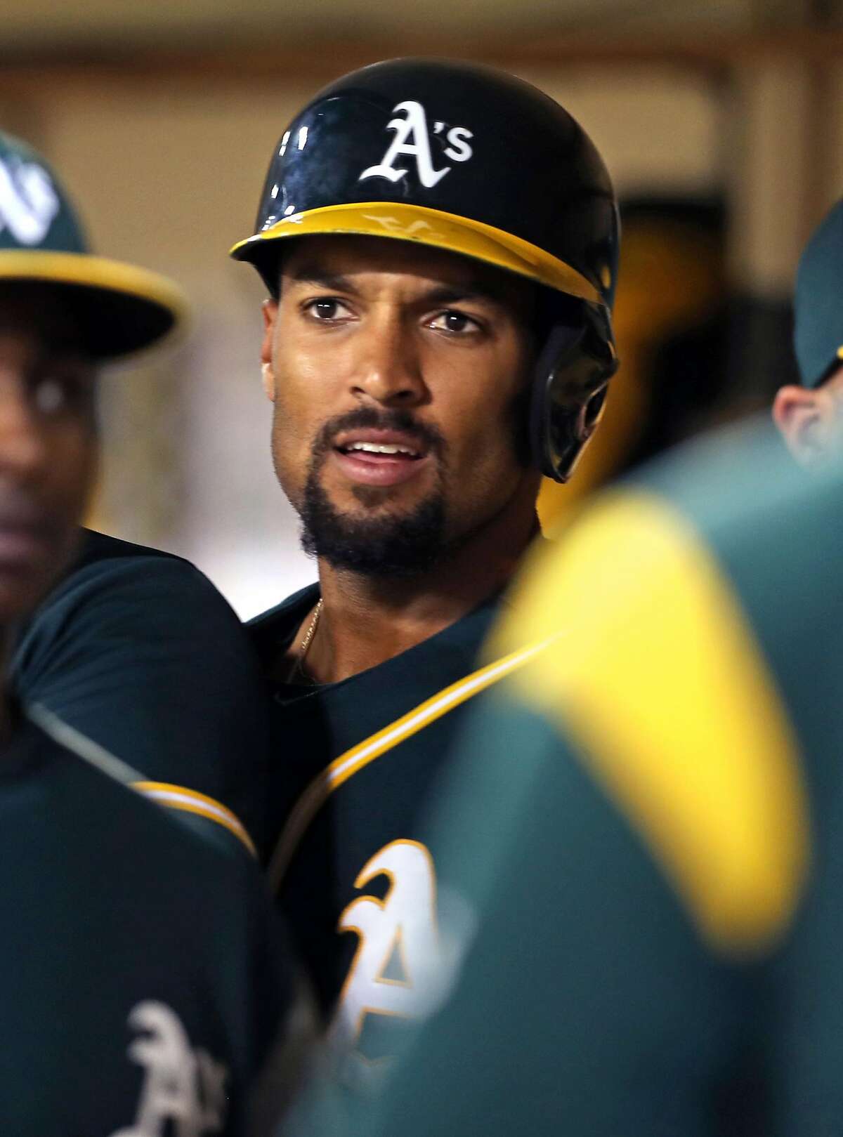 Oakland Athletics' Marcus Semien after his 6th inning grand slam against San Francisco Giants during MLB game at Oakland Coliseum in Oakland, Calif. on Monday, July 31, 2017.