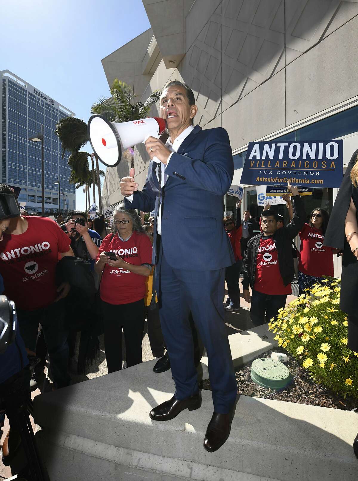 Democratic gubernatorial candidate and former Los Angeles Mayor Antonio Villaraigosa speaks at a campaign rally held during the 2018 California Democrats State Convention Saturday, Feb. 24, 2018, in San Diego. (AP Photo/Denis Poroy)