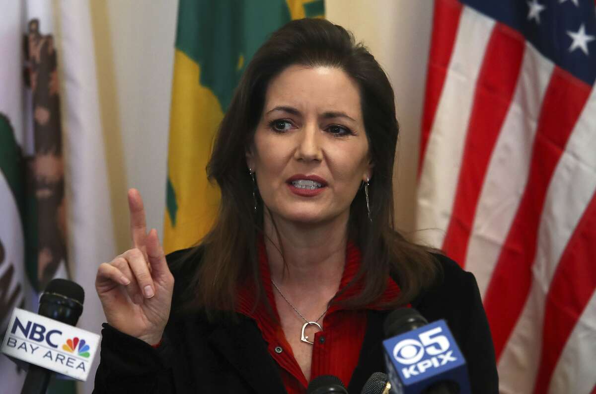 Oakland Mayor Libby Schaaf gestures while speaking during a media conference on Wednesday, March 7, 2018, in Oakland, Calif. (AP Photo/Ben Margot)