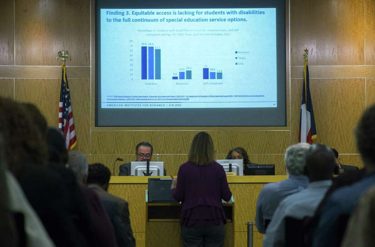 Members of the Houston Independent School District school board and members of the public listen to a presentation on a third-party review of the district's special education system during a school board meeting, Thursday, March 8, 2018, in Houston. ( Mark Mulligan / Houston Chronicle )