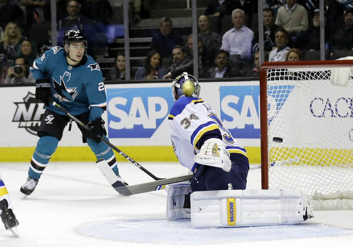 St. Louis Blues goaltender Jake Allen, right, gives up a goal on a shot from San Jose Sharks' Mikkel Boedker, not seen, as Sharks' Timo Meier, left, watches during the third period of an NHL hockey game Thursday, March 8, 2018, in San Jose, Calif. (AP Photo/Marcio Jose Sanchez)