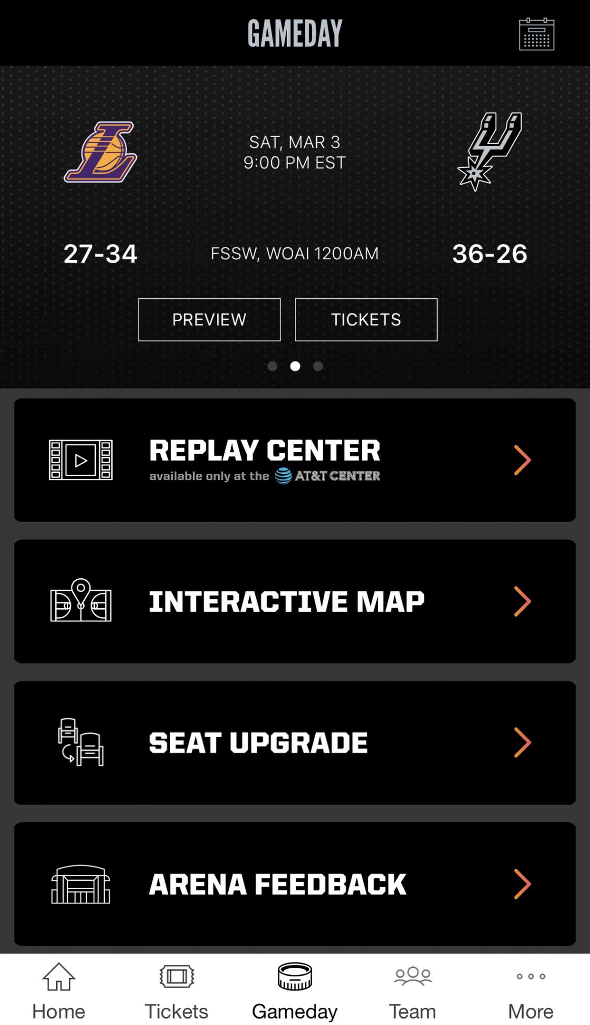 The redesigned menu page on the San Antonio Spurs mobile app.