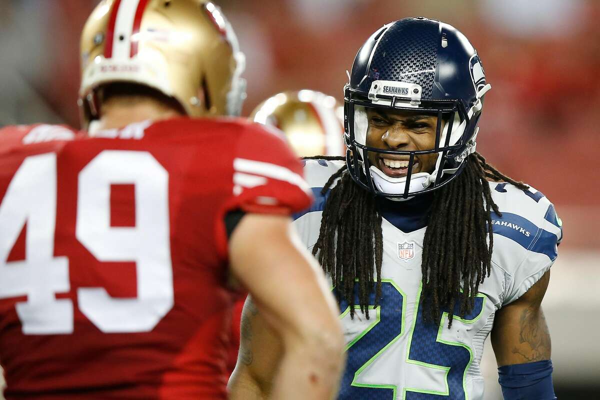 Richard Sherman, formerly of the Seattle Seahawks, reacts to a play against the 49ers during their game at Levi's Stadium on October 22, 2015. Sherman signed a deal with San Francisco this offseason.