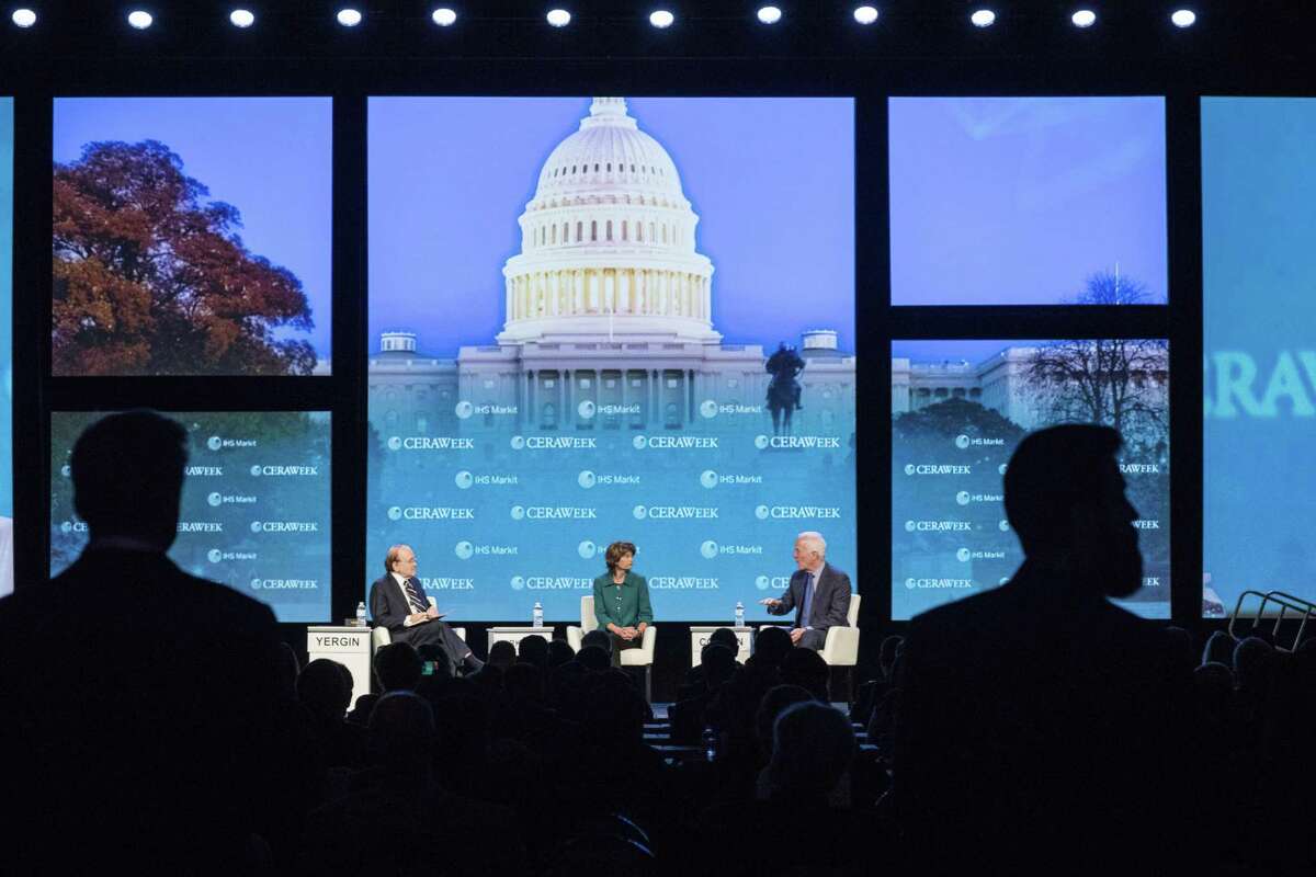 Senate Majority Whip John Cornyn, a Republican from Texas, right, speaks while Senator Lisa Murkowski, a Republican from Alaska, center, and Daniel Yergin, vice chairman of IHS Cambridge Energy Research Associates Inc., listen during the 2018 CERAWeek by IHS Markit conference in Houston, Texas, U.S., on Friday, March 9, 2018. CERAWeek gathers energy industry leaders, experts, government officials and policymakers, leaders from the technology, financial, and industrial communities to provide new insights and critically-important dialogue on energy markets. Photographer: F. Carter Smith/Bloomberg