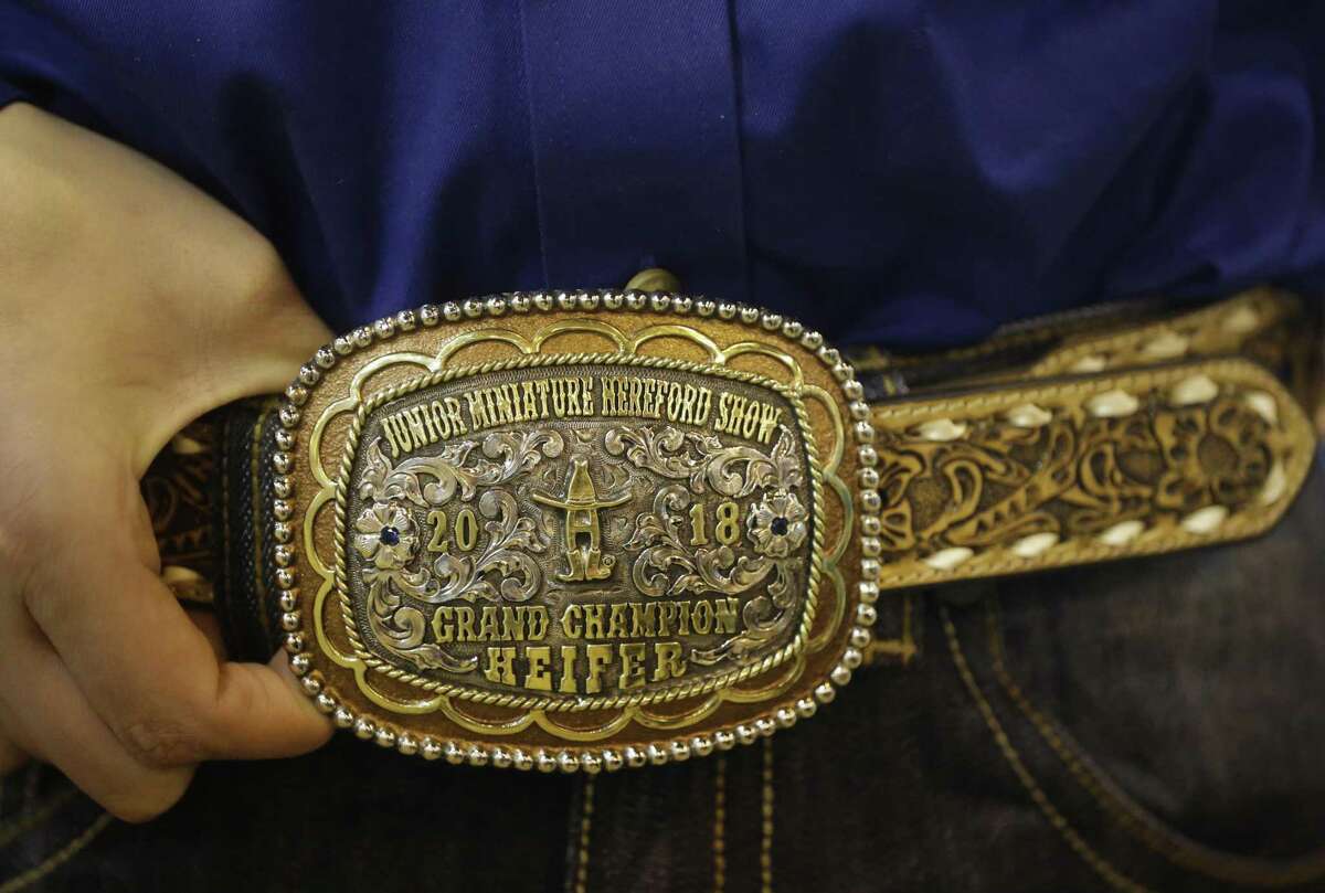 Hunter Bedford, 14, of Fort Worth, shows the belt buckle he won for his grand champion heifer in the junior Miniature Hereford show in NRG Center at the Houston Livestock Show And Rodeo Wednesday, March 7, 2018, in Houston. ( Melissa Phillip / Houston Chronicle )