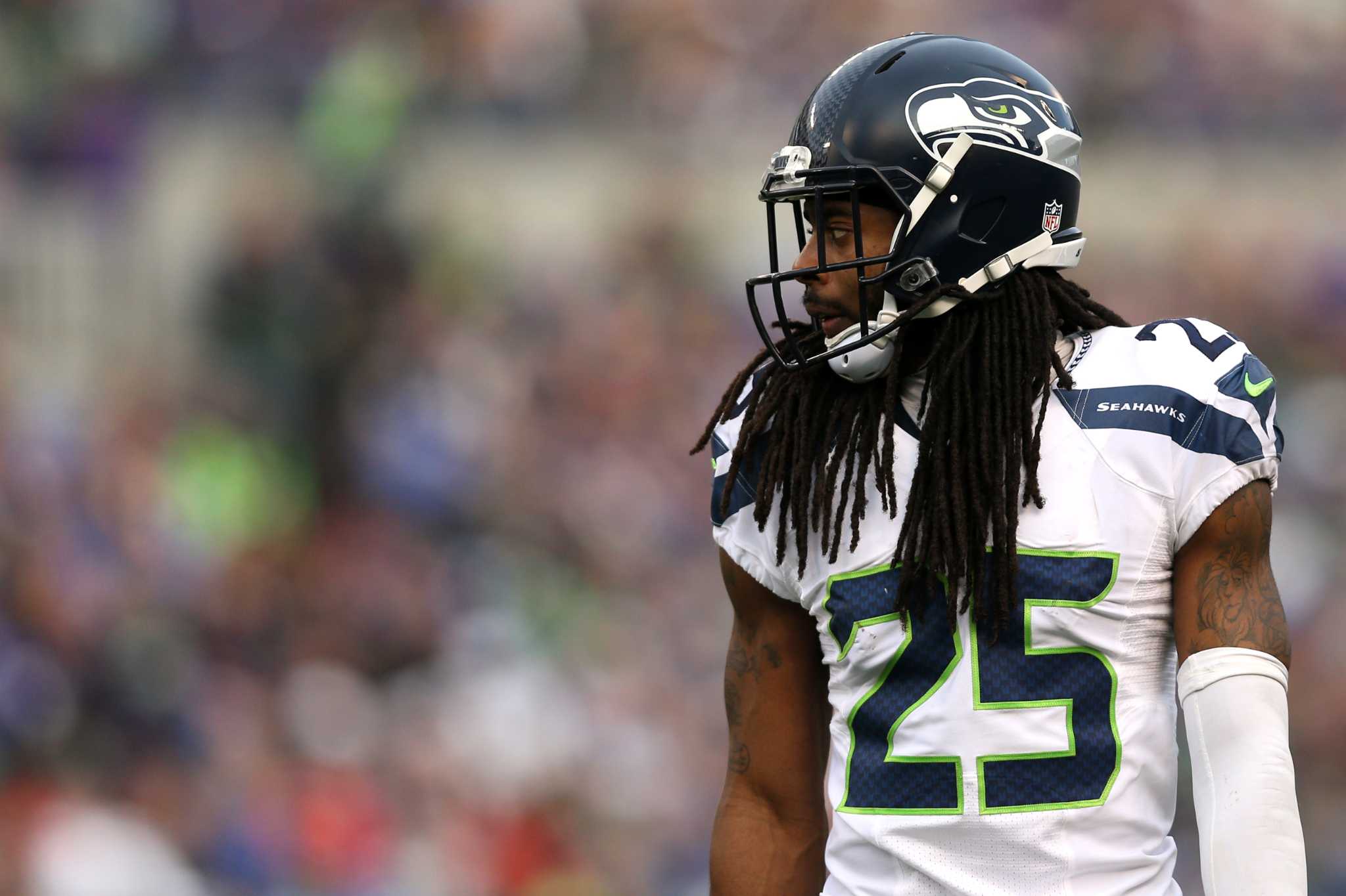 Seattle Seahawks corner back Richard Sherman (25) celebrates after the  Seahawks stopped the New England Patriots in the final seconds of the  fourth quarter at Gillette Stadium in Foxborough, Massachusetts on November