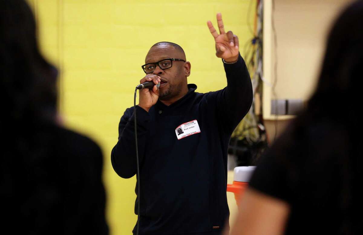 Brad Jordan, better known by his rapper name "Scarface," talks to Jack Yates High School students about the new music program during the One Houston, One Hood initiative at lunch Friday, March 9, 2018, in Houston. The program, which Jordan will be a lecturer for next academic year, will allow students to turn their love for music into a brand and a business. Jordan gained prominence as a member of the "Geto Boys."