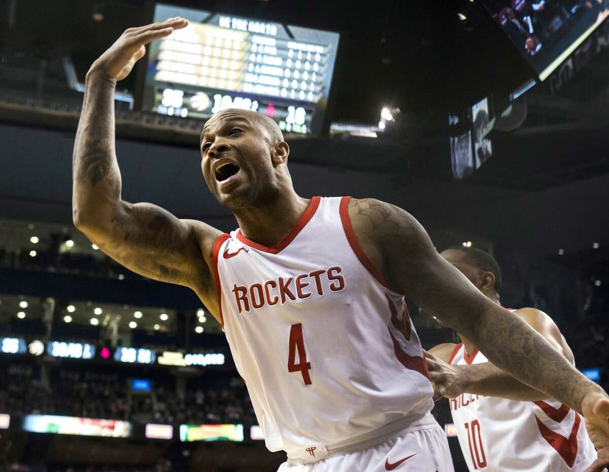 Houston Rockets forward PJ Tucker (4) reacts during the first half of an NBA basketball game against the Toronto Raptors in Toronto, Friday, March 9, 2018. (Christopher Katsarov/The Canadian Press via AP)