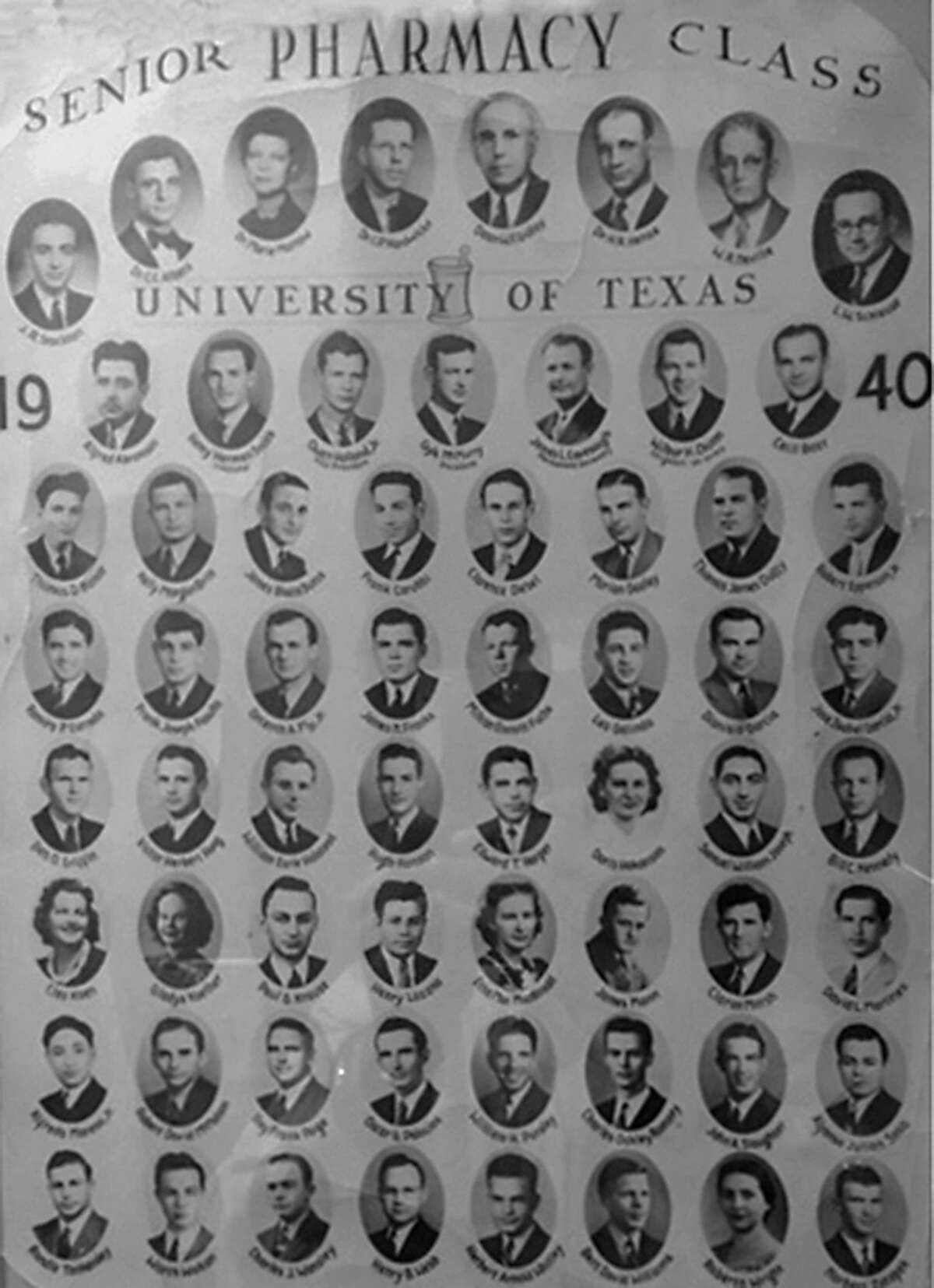 This collage of photos shows the Class of 1940 of UT’s School of Pharmacy; Dionicio Garcia of San Antonio was one of only eight Hispanic graduates that year. He was the father of Father David Garcia, pastor of Mission Concepcion and director of the Old Spanish Missions in San Antonio. Father David and three of his sisters were born at the Saenz Clinic where Dionicio was the pharmacist.
