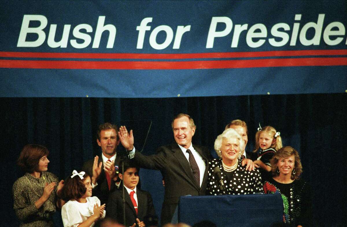 Vice President George H.W. Bush announces his candidacy for president at the Hyatt Regency, Oct. 12, 1987. On the podium with him are family members, including Laura Bush, Noelle Bush, George W. Bush, George P. Bush, Barbara Bush, Neil Bush and Sharon Bush. Some pundits were predicting the end of the Bush dynasty ahead of this week’s primary. But George P. Bush comfortably won the Republican primary in an unusually competitive race for the Texas General Land Office.