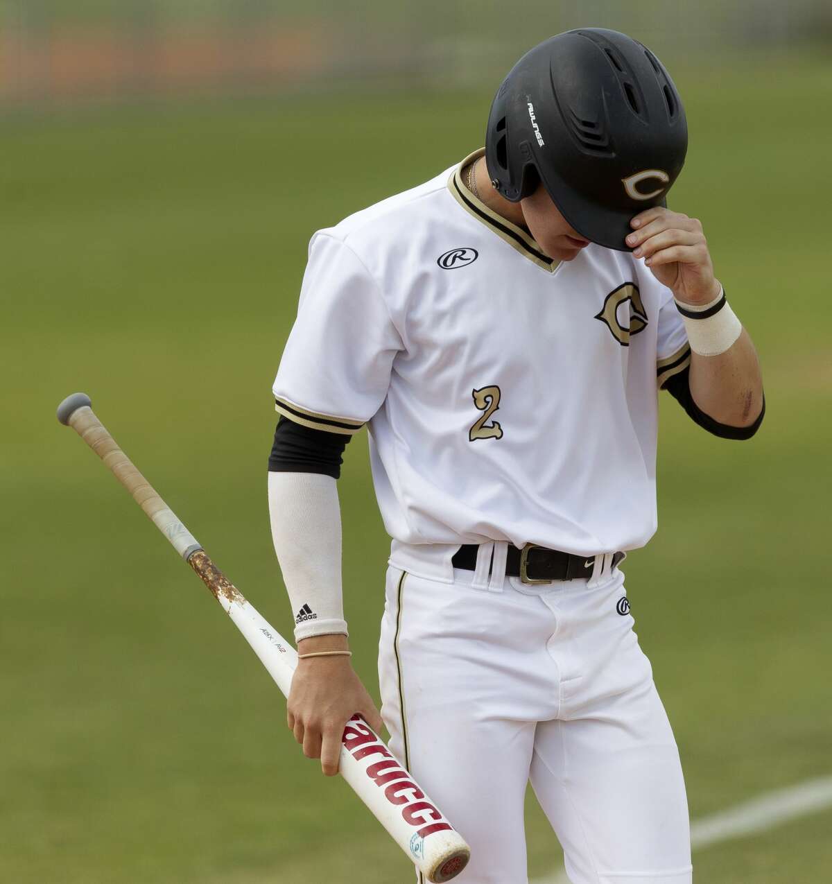 Tyler Linneweber #2 of Conroe reacts after striking out in the first inning of a game during the Klein Tomball Tournament, Saturday, March 10, 2018, in Tomball.