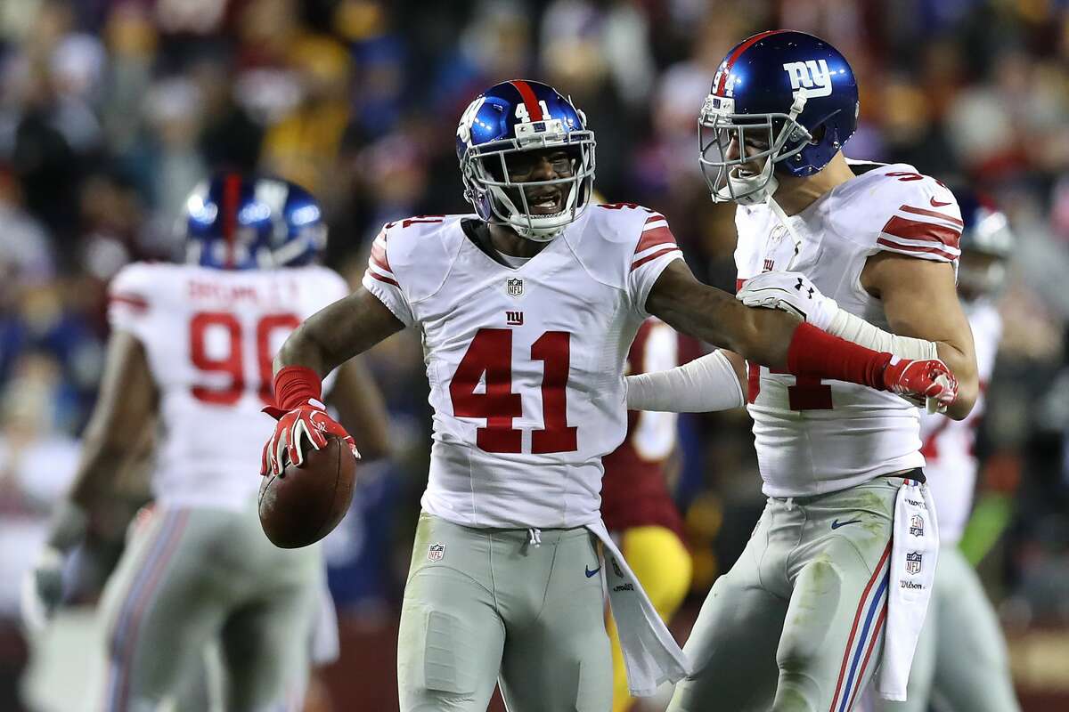 New York Giants cornerback Dominique Rodgers-Cromartie (41) celebrates the  first of his two second-half interceptions against the Washington Redskins  at FedEx Field in Landover, Maryland on Sunday, January 1, 2017. The Giants