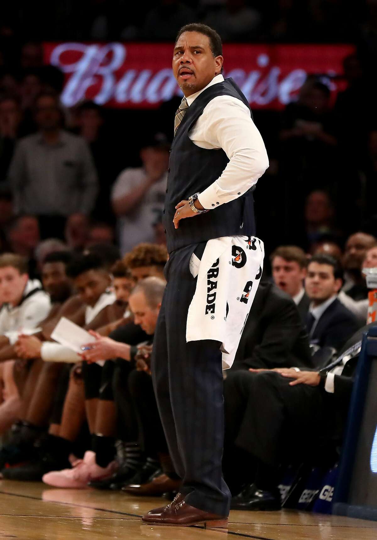NEW YORK, NY - MARCH 10: Head coach Ed Cooley of the Providence Friars directs his players during the overtime period against the Villanova Wildcats during the championship game of the Big East Basketball Tournament at Madison Square Garden on March 10, 2018 in New York City. (Photo by Elsa/Getty Images)