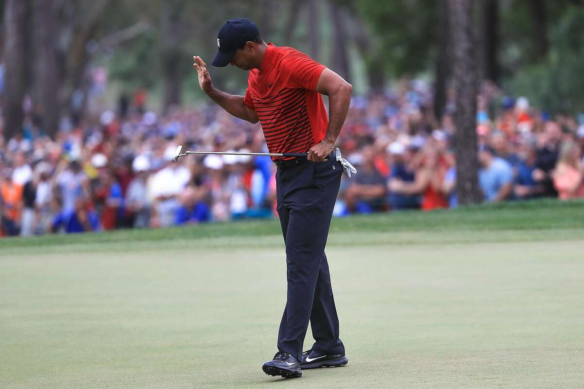 PALM HARBOR, FL - MARCH 11: Tiger Woods reacts after missing a birdie putt on the 18th hole during the final round of the Valspar Championship at Innisbrook Resort Copperhead Course on March 11, 2018 in Palm Harbor, Florida. (Photo by Sam Greenwood/Getty Images)