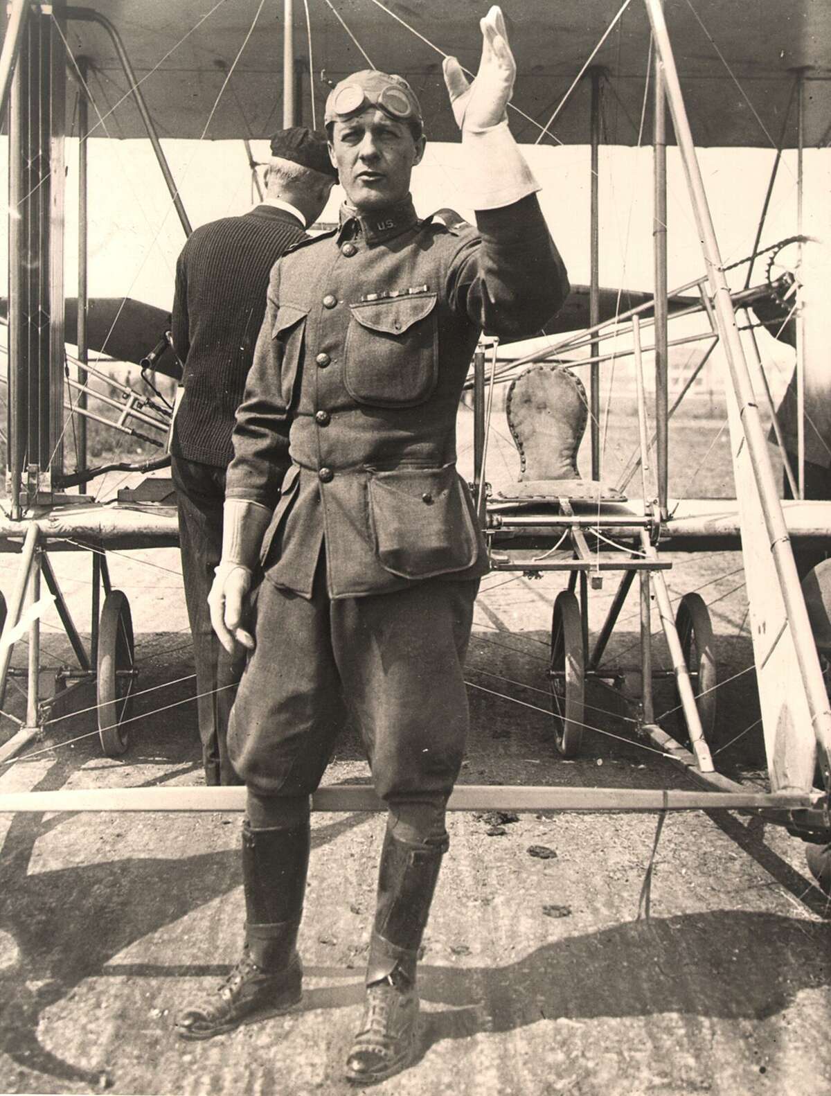 Then-Capt. Benjamin Foulois, who made the first successful powered military flight in 1910, poses in front of a seaplane in this undated photo.