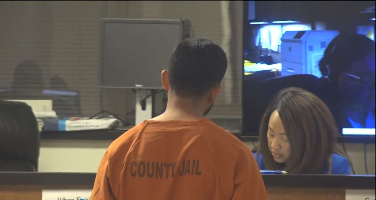 A screenshot of video footage of a probable cause hearing at the Harris County Courthouse in Houston, Texas on March 11, 2018. Elmer Quintanilla, 25, is charged with murder following a crash that killed one person and injured his wife and three children.