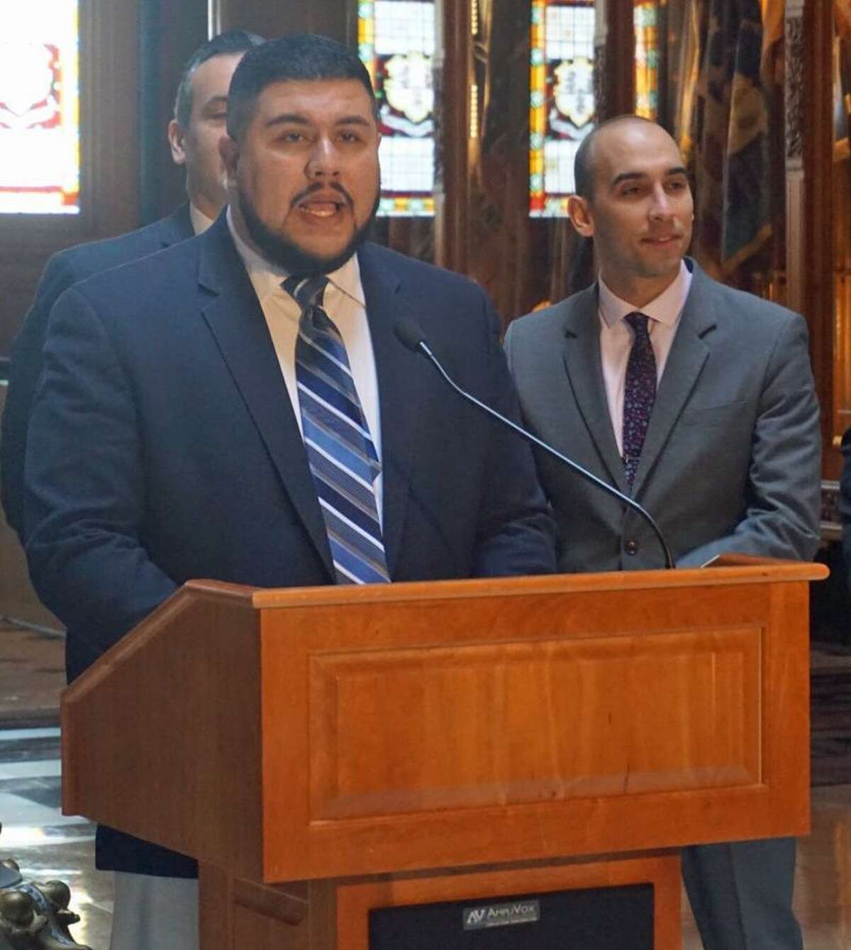 Rep. Christopher Rosario, D-Bridgeport, chair of the Black and Puerto Rican Caucus, outlined the caucus's legislative priorities at the Capitol in Hartford, Conn. on Monday, March 12, 2018.