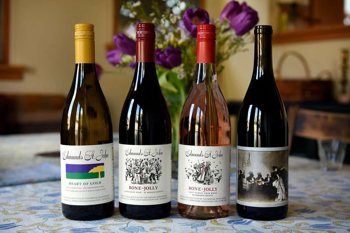 Bottles of Edmunds St. John wines are displayed at the home of winemakers Steve Edmunds and Cornelia St. John in Berkeley, CA, on Monday February 19, 2018.