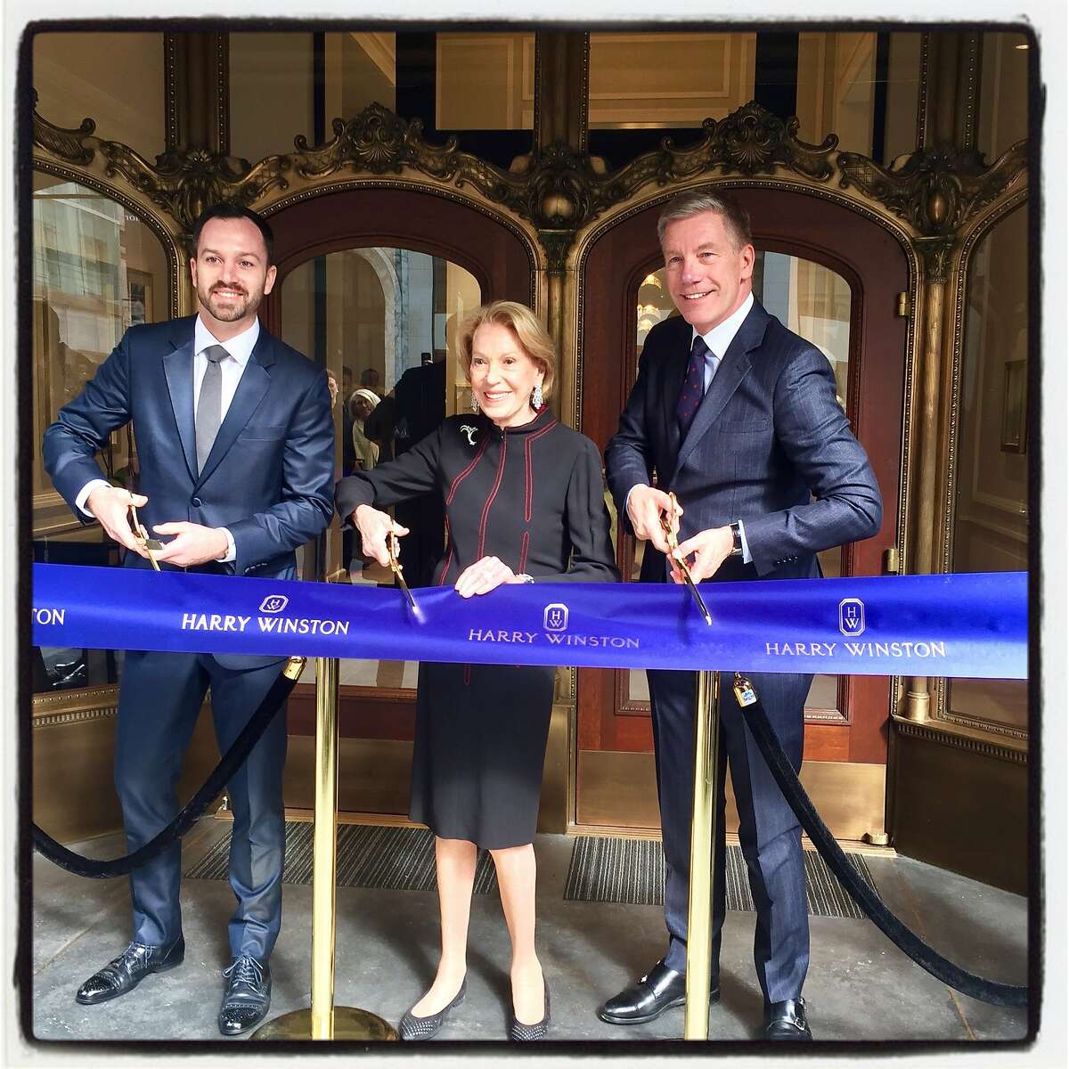 Harry Winston SF Salon Manager Matthew Coleman (left) with Charlotte Shultz and Winston exec Michael Moser. March 7, 2018.