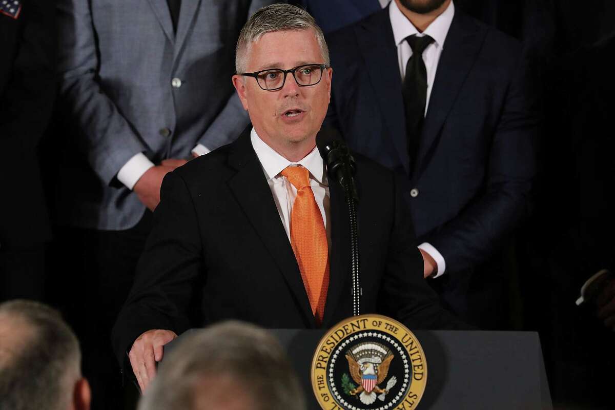 WASHINGTON, DC - MARCH 12: Houston Astros General Manager Jeff Luhnow delivers remarks while celebrating the team's World Series victory in the East Room of the White House March 12, 2018 in Washington, DC. President Donald Trump talked about Hurricane Harvey and the city and the team's resilience in the face of the storm.