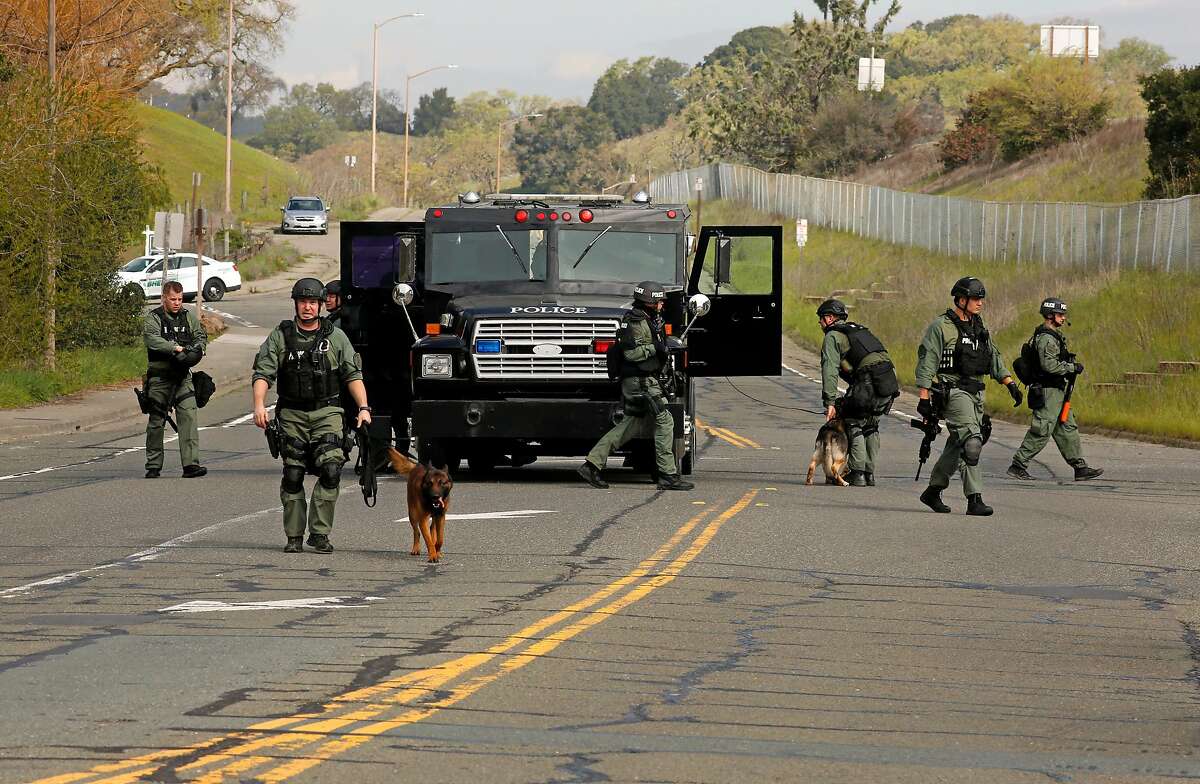 Novato Police officers joined the search for armed robbery suspects who are considered armed and dangerous, after a home invasion robbery in Petaluma on Mon. March 12, 2018, in Novato, Calif. Officers were dispatched about 3 a.m. to the 100 block of Eugenia Drive in Petaluma after reports of nine suspects robbing at least three different homes, police said. The suspects were reportedly looking for marijuana.