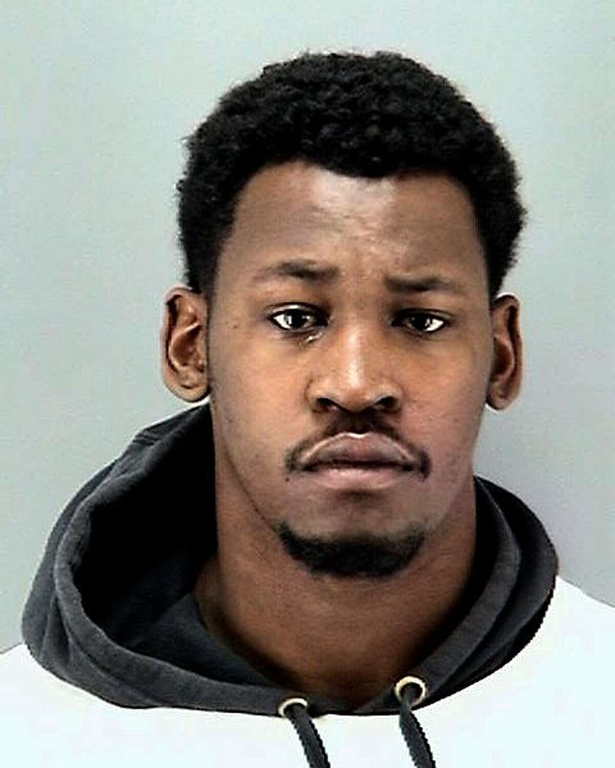 This booking photo provided Tuesday, March 6, 2018, by the San Francisco Police Department, shows Aldon Smith. The former Oakland Raiders NFL football player turned himself into police on Tuesday and was booked into San Francisco County Jail on suspicion of misdemeanor domestic violence and three related misdemeanors. (San Francisco Police Department via AP)