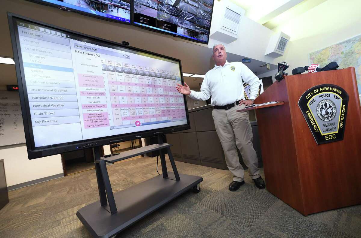 Office of Emergency Management Director Rick Fontana talks about expected snowfall amounts during a meeting in the Emergency Operations Center in New Haven on March 12, 2018.