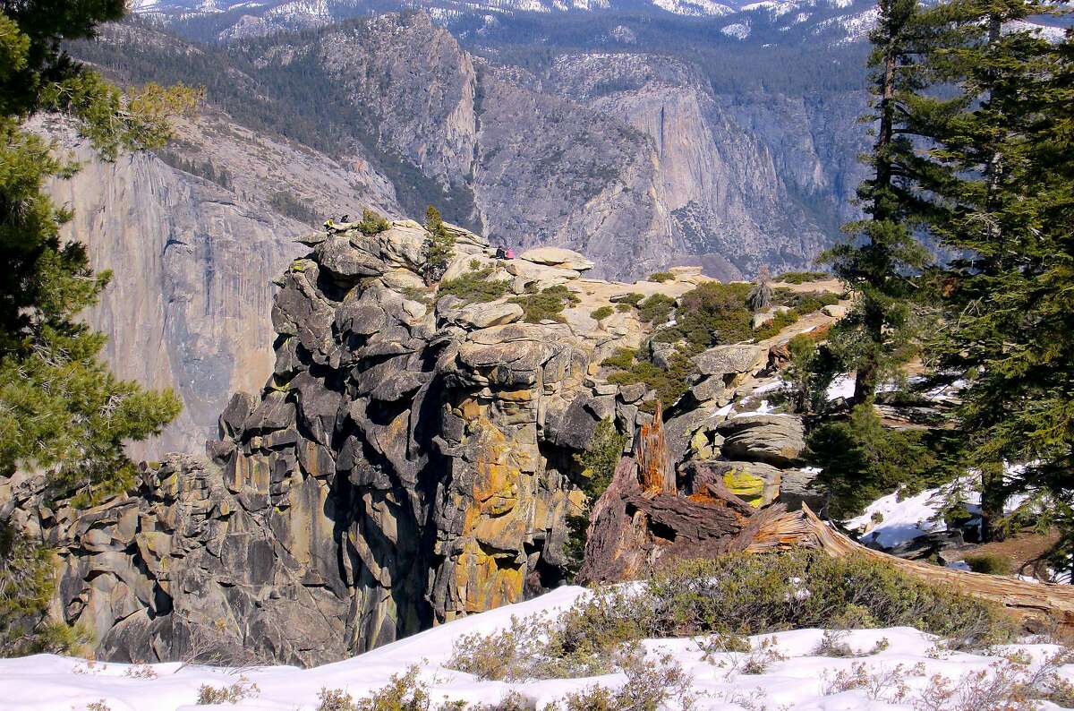 In the backcountry of Yosemite National Park, a 4.9-mile snow trek, one-way, from Badger Pass leads to 7,385-foot Dewey Point on the southern rim above Yosemite Valley for a perch with a world-class view.