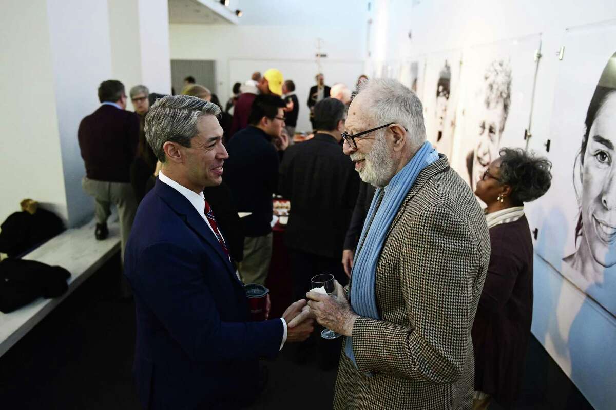 Ron Nirenberg shakes hands with Monroe E. Price during a social reception before his speech Monday, March 12, 2018 in Philadelphia, Pa. The San Antonio Mayor presented the 2018 George Gerbner Lecture in Communication ?’Be a Better Neighbor: The Education of a Mayor,?“ at the Annenberg School for Communication at the University of Pennsylvania. (Corey Perrine/For the San Antonio Express-News)