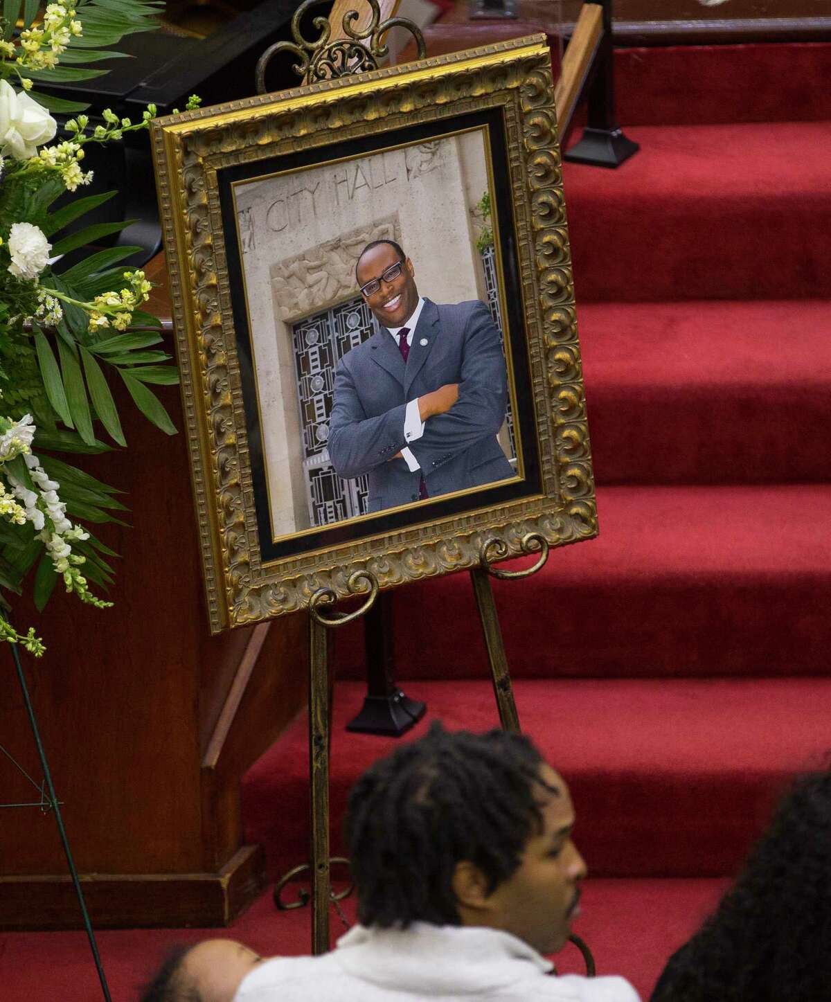 A photograph of Larry Green in front of Houston City Hall sits near his casket during a celebration of life service for Houston City Councilman Larry Vincent Green at Brentwood Baptist Church, Monday, March 12, 2018, in Houston.