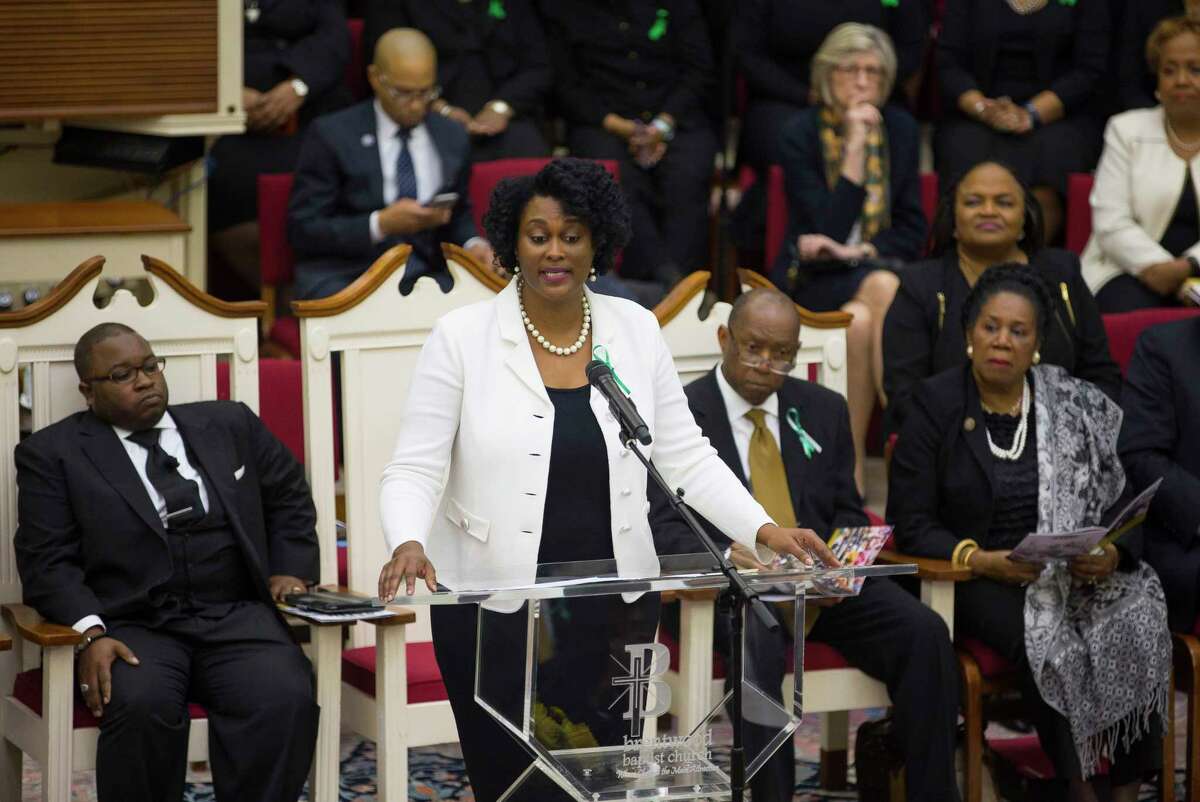 Martha Castex-Tatum speaks during a celebration of life service for Houston City Councilman Larry Vincent Green at Brentwood Baptist Church, Monday, March 12, 2018, in Houston.