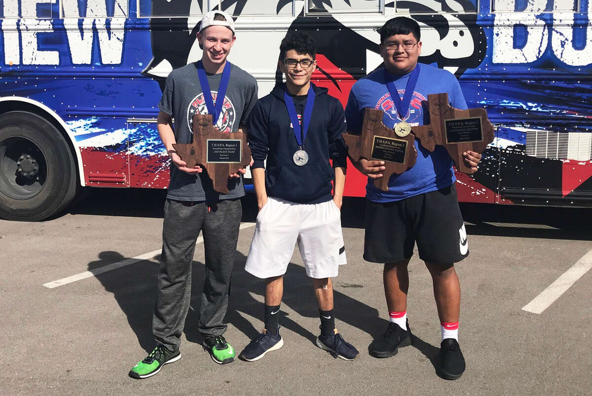 Plainview powerlifters, from left, Skyler Steen, Avery Gallegos and Octavius Vera qualified for the state meet with their performances at regional meet at Abilene Cooper Saturday. Steen was second in the 123-pound weight class and Gallegos was the runner-up at 114 pounds. Vera won the 275-pound weight class by 230 pounds and set a regional record with a 735-pound squat. The state meet will be March 27-28 in Abilene.