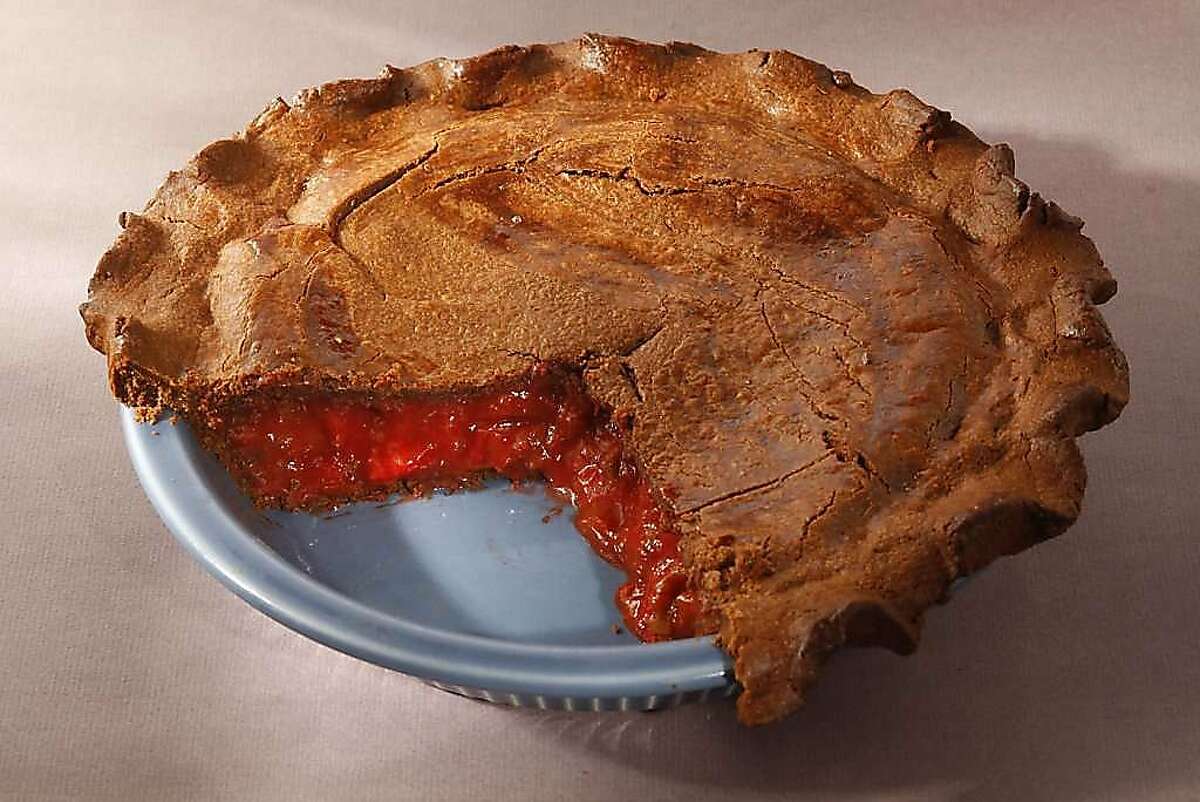 PieTisserie's strawberry-rhubarb pie in a chocolate crust