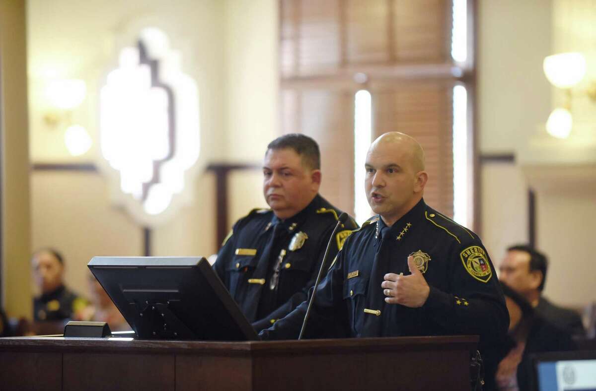 Bexar County Sheriff Javier Salazar speaks about body cameras for his deputies to wear on patrol during a county commissioners meeting on March 13. Salazar had sought a no-bid switch in vendors at a higher price. The commissioners opted for competitive bidding.