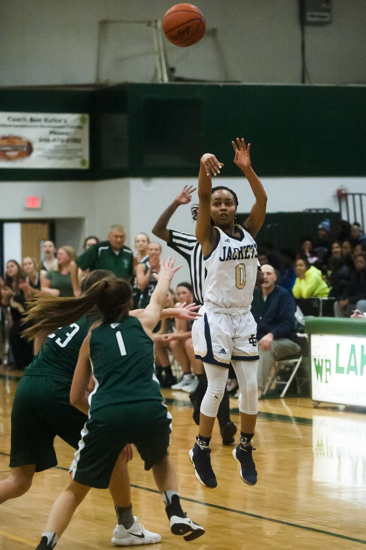 Detroit Country Day senior Kaela Webb takes a shot during their Class B state quarterfinals game against Freeland on Tuesday, March 13, 2018 at West Bloomfield High School. (Katy Kildee/kkildee@mdn.net)
