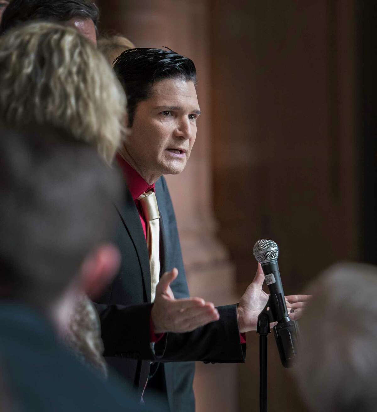 Actor Corey Feldman joins demonstrators representing the New Yorkers Against Hidden Predators to speak out about child abuse at the State Capitol Wednesday March 14, 2018 Albany, N.Y. (Skip Dickstein/Times Union)