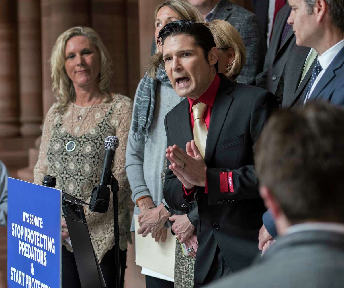 Actor Corey Feldman joins demonstrators representing the New Yorkers Against Hidden Predators to speak out about child abuse at the State Capitol Wednesday March 14, 2018 Albany, N.Y. (Skip Dickstein/Times Union)