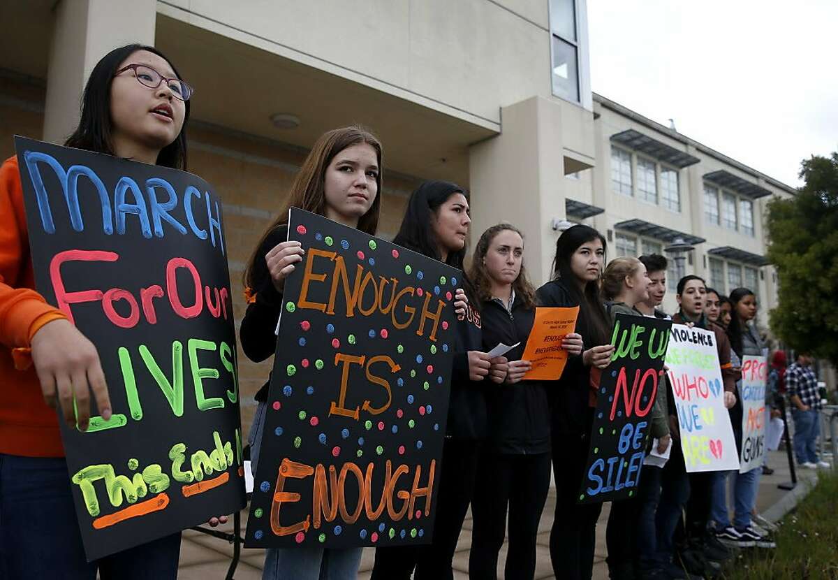 Student organizers lead a rally at El Cerrito High School during a campus-wide walk out in El Cerrito, Calif. on Wednesday, March 14, 2018. The walkout was part of a nationwide response by students to protest against gun violence one month after the deadly school shooting in Parkland, Fla.