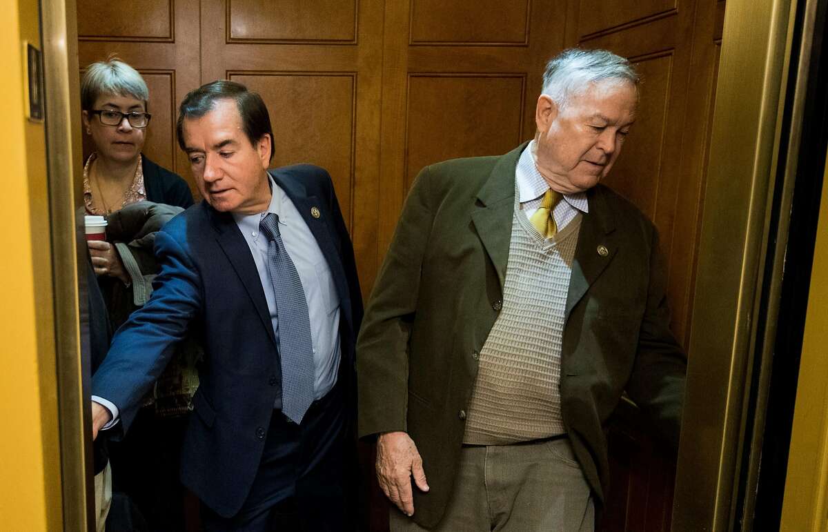 Rep. Ed Royce, R-Calif., left, and Rep. Dana Rohrabacher, R-Calif., leave the House Republican Conference meeting in the Capitol on Tuesday, Jan. 9, 2018. 