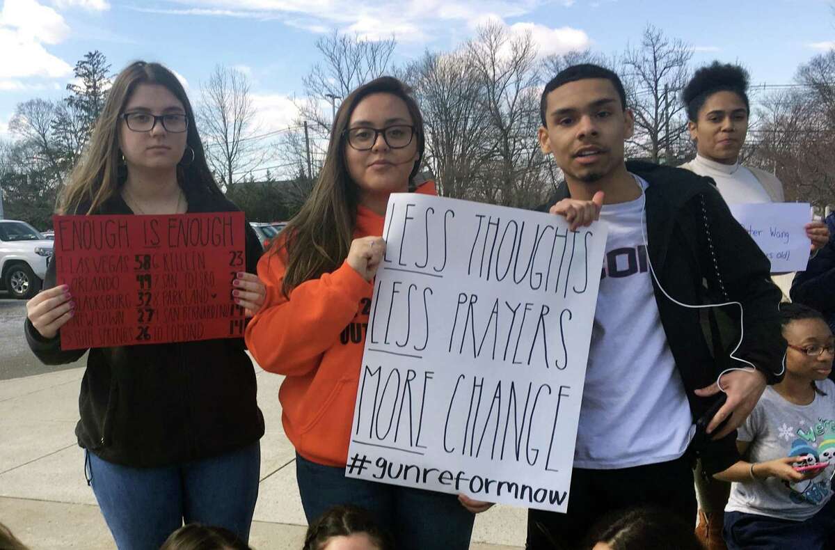 Students at Brien McMahon High School held a 17-minute remembrance ceremony during Wednesday’s school walkout against gun violence in Norwalk.