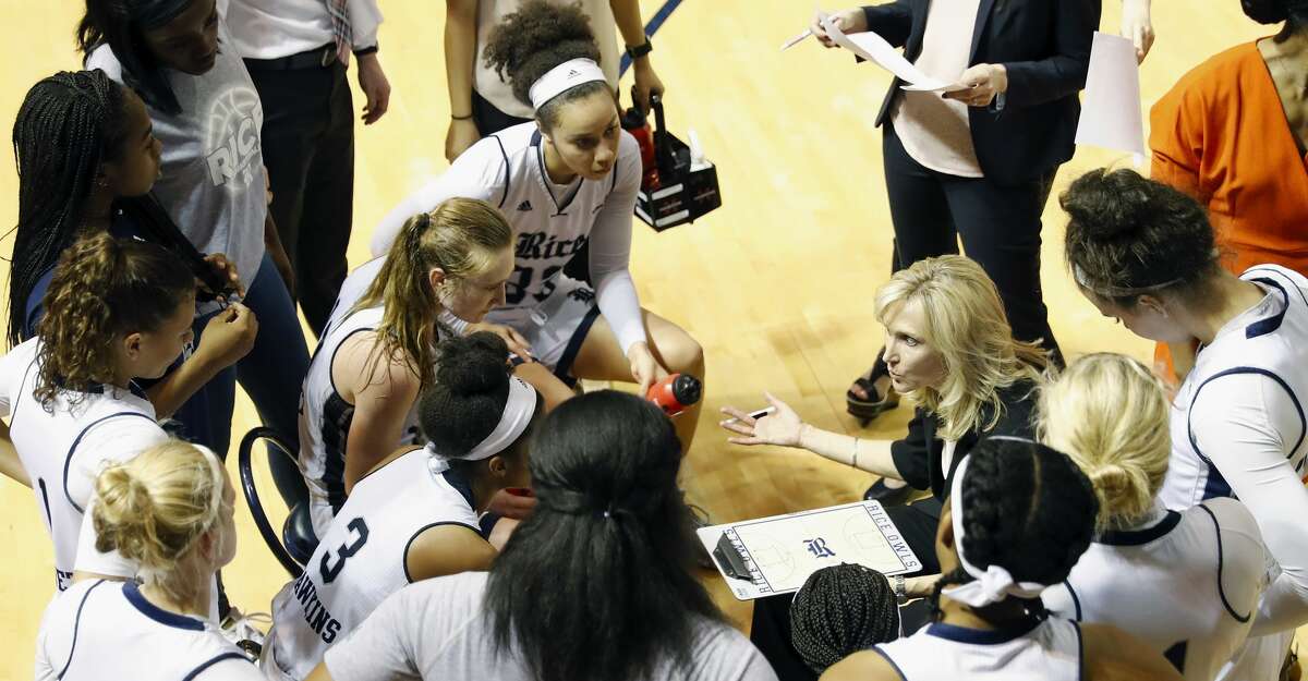 Rice Owls head coach Tina Langley draws up a play during a timeout in the second half during the Women's Basketball Invitational Championship Game between the UNC-Greensboro Spartans and the Rice Owls at Tudor Field House in Houston, TX on Sunday, March 26, 2017.