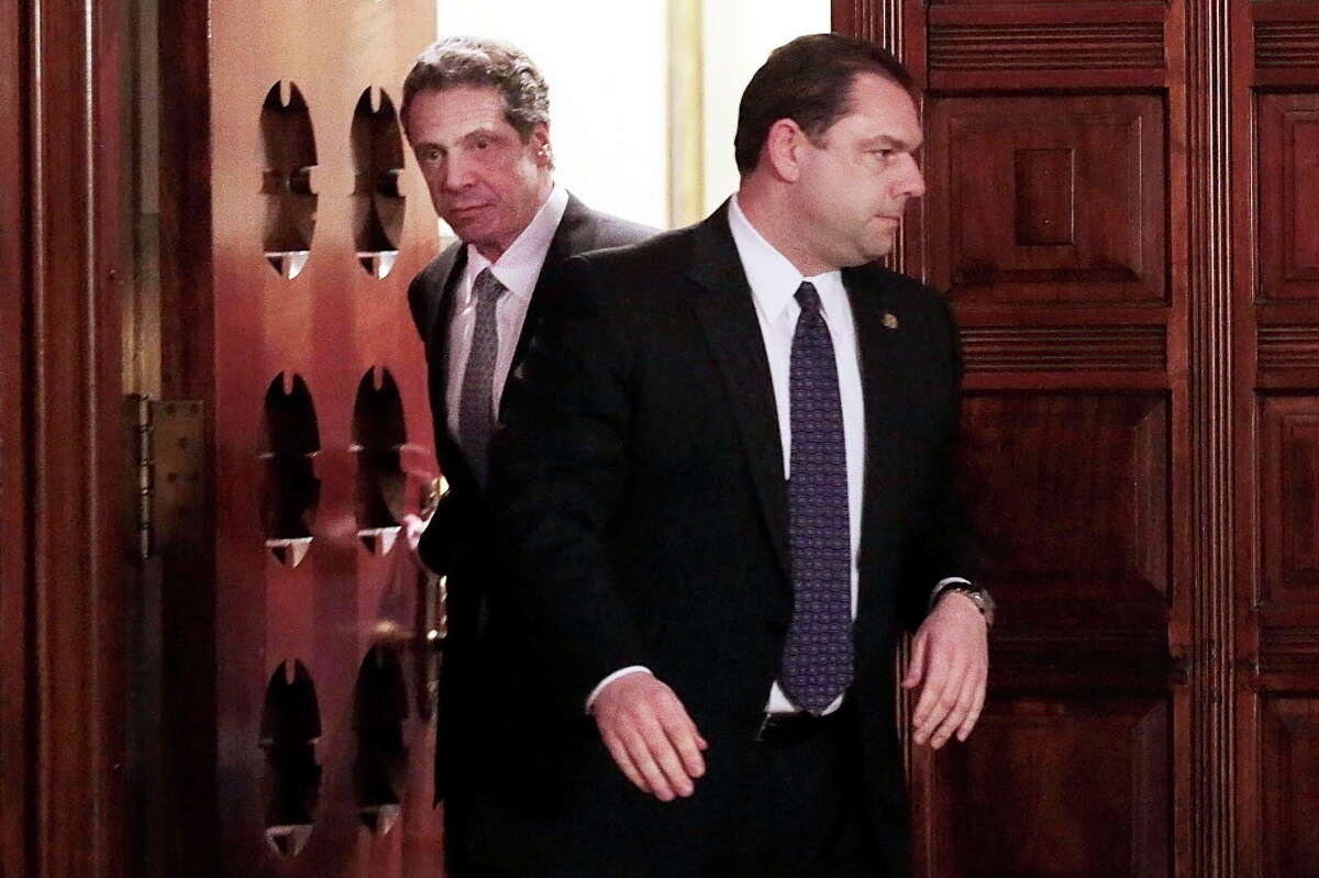 FILE ?— Joseph Percoco, right, with New York Gov. Andrew Cuomo in Albany, N.Y., Feb. 27, 2013. Testimony in Percoco?’s federal corruption trial may have tarnished Cuomo?’s reputation and may complicate any national ambitions the governor has, with a recent poll finding 63 percent saying he should not run for president. (Nathaniel Brooks/The New York Times)