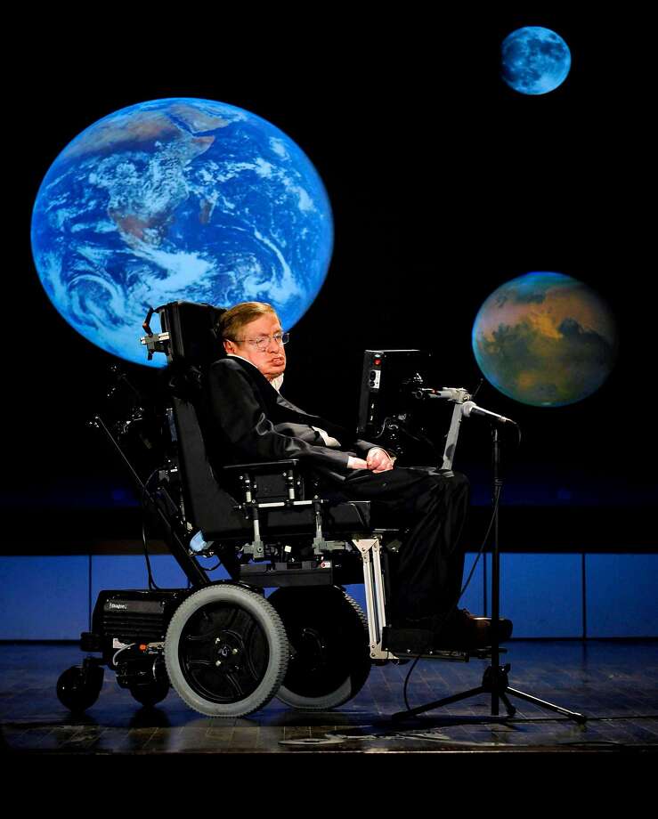 In an image provided by Nasa, Stephen Hawking gives a talk during Nasa�s 50th anniversary celebrations at George Washington University, April 21, 2008. Hawking, the physicist and best-selling author whose work exploring gravity and the properties of black holes made him an emblem of human determination and curiosity, died at home in Cambridge, England on March 14, 2018. He was 76. (Paul. E. Alers/Nasa via The New York Times) -- FOR EDITORIAL USE ONLY -- Photo: PAUL E. ALERS, NYT