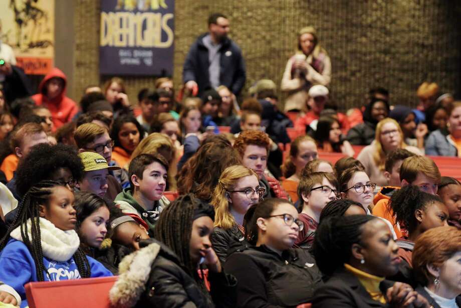 Albany High School students take part in an assembly to talk about gun violence before their walkout in memory of the 17 Parkland shooting victims on Wednesday, March 14, 2018, in Albany, N.Y. (Paul Buckowski/Times Union) Photo: PAUL BUCKOWSKI / (Paul Buckowski/Times Union)