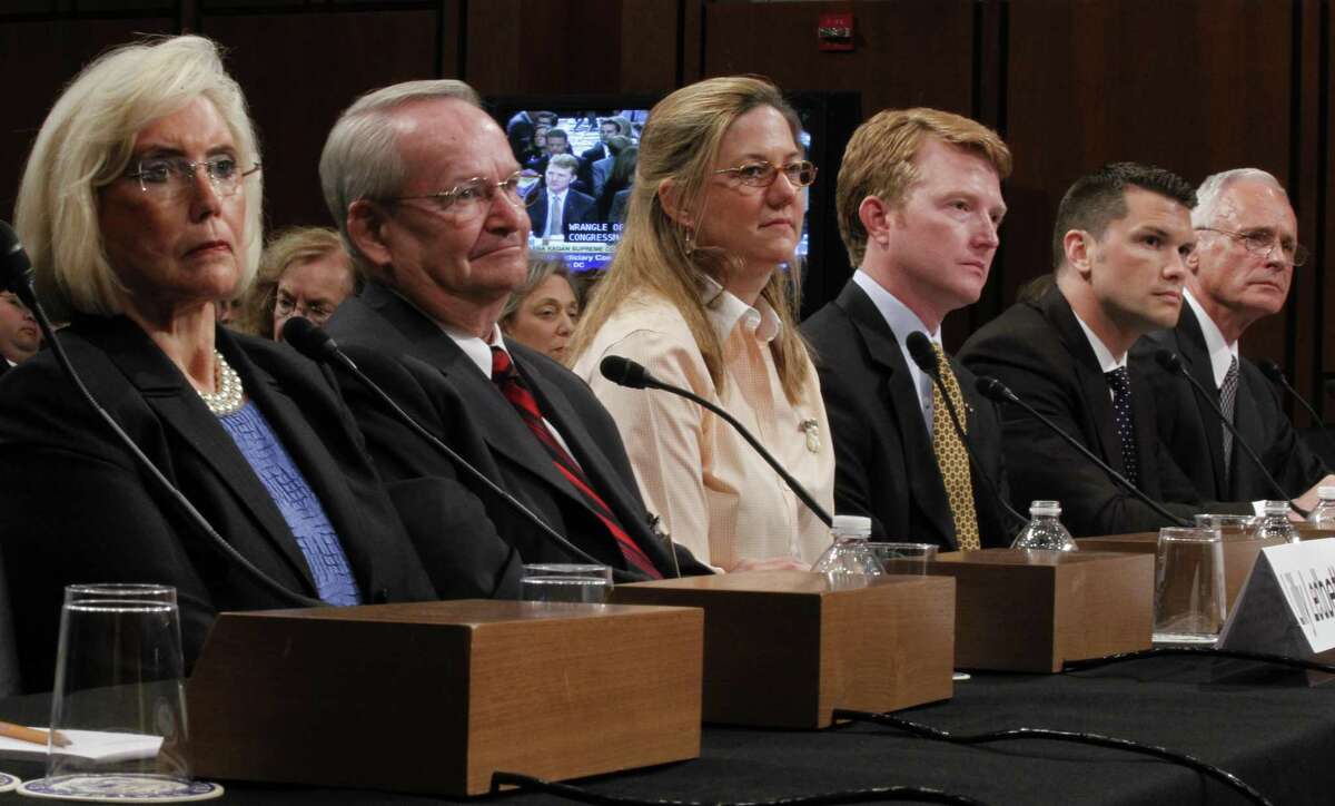 From left, Lilly Ledbetter, Jack Gross, Jennifer Gibbins, Capt. Flagg Youngblood, Capt. Pete Hegseth, and Col. Thomas N. Moe, testify on Capitol Hill in Washington in 2010. Hegseth, co-host of “Fox & Friends Weekend,” is under consideration to head Veterans Affairs.